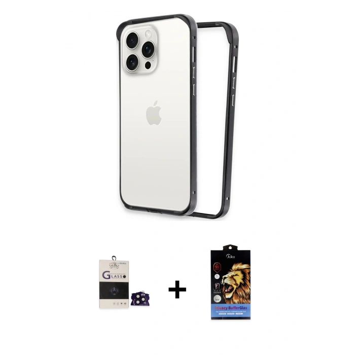 MARSİLYAN™- iPhone 14 Pro Max Kılıf Pusula Asil Koleksiyonu - Siyah Buffer Hayalet Cam Ekran Koruyucu + Bilvis Titan Kamera Lens - SH