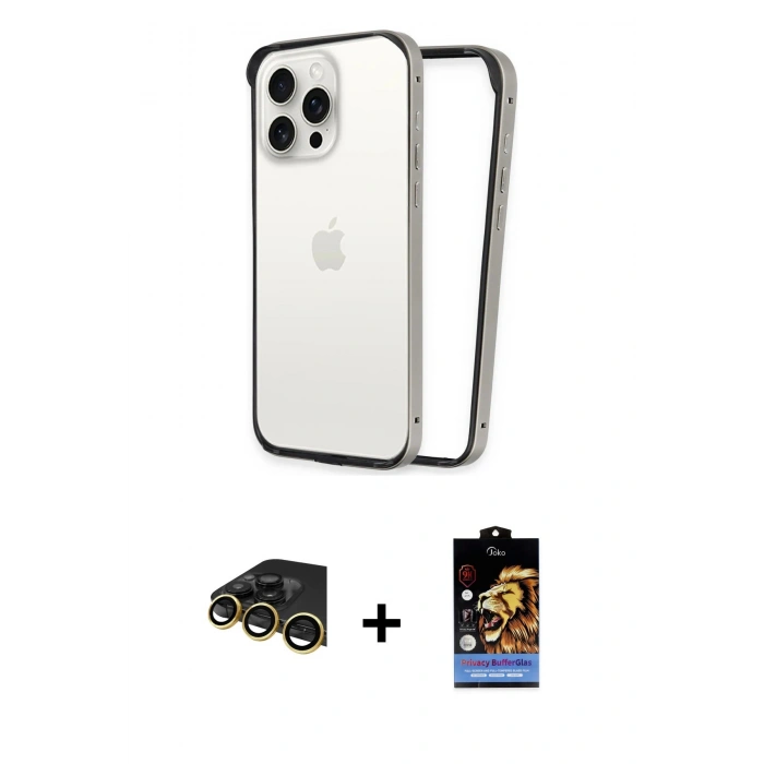MARSİLYAN™- iPhone 14 Pro Max Kılıf Pusula Asil Koleksiyonu - Siyah Buffer Hayalet Cam Ekran Koruyucu + Gold Raze Metal Kamera Lens
