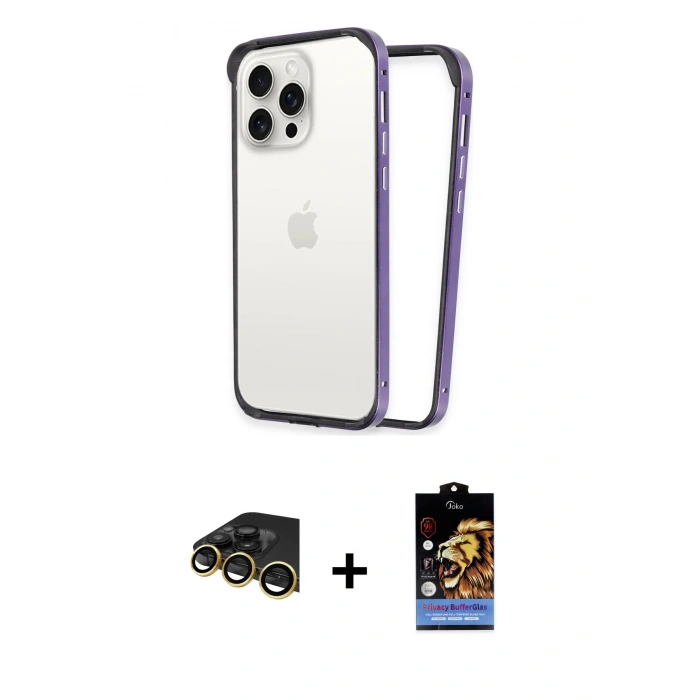 MARSİLYAN™- iPhone 14 Pro Max Kılıf Pusula Asil Koleksiyonu - Siyah Buffer Hayalet Cam Ekran Koruyucu + Gold Raze Metal Kamera Lens