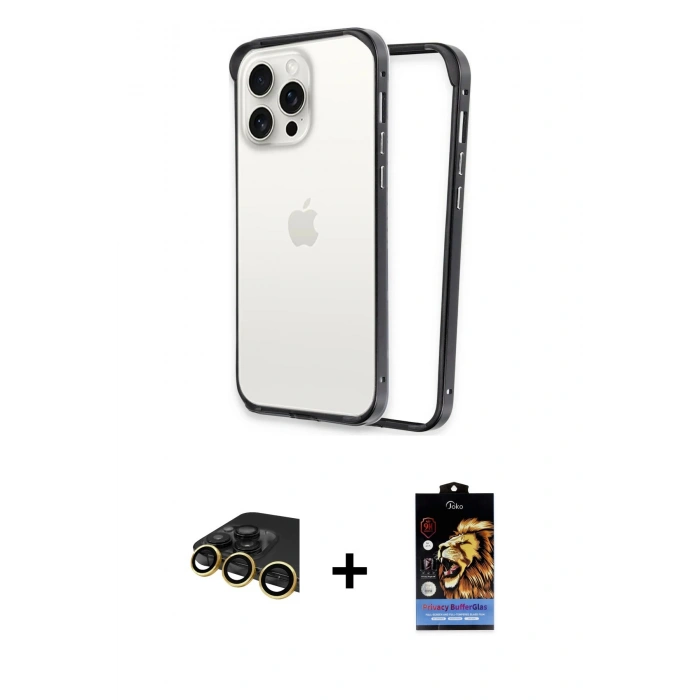 MARSİLYAN™- iPhone 14 Pro Max Kılıf Pusula Asil Koleksiyonu - Siyah Buffer Hayalet Cam Ekran Koruyucu + Gold Raze Metal Kamera Lens
