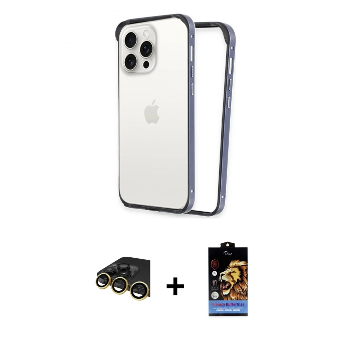MARSİLYAN™- iPhone 14 Pro Max Kılıf Pusula Asil Koleksiyonu - Siyah Buffer Hayalet Cam Ekran Koruyucu + Gold Raze Metal Kamera Lens