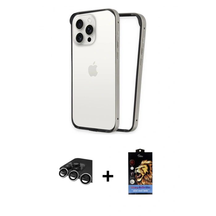 MARSİLYAN™- iPhone 14 Pro Max Kılıf Pusula Asil Koleksiyonu - Siyah Buffer Hayalet Cam Ekran Koruyucu + Gümüş Raze Metal Kamera Lens