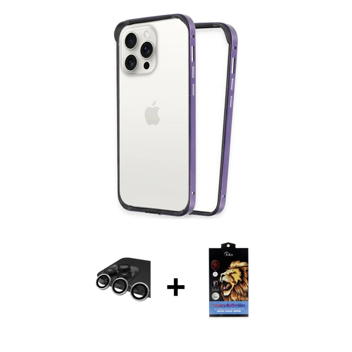 MARSİLYAN™- iPhone 14 Pro Max Kılıf Pusula Asil Koleksiyonu - Siyah Buffer Hayalet Cam Ekran Koruyucu + Gümüş Raze Metal Kamera Lens