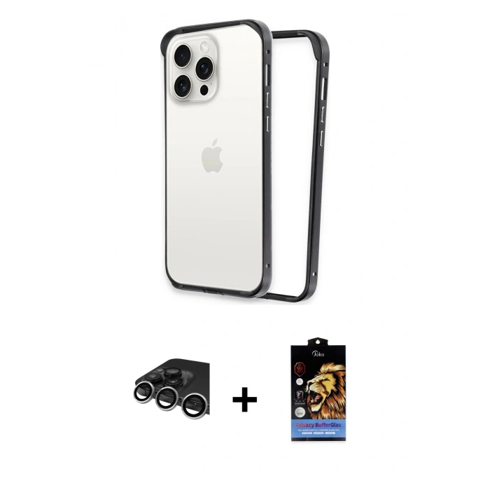 MARSİLYAN™- iPhone 14 Pro Max Kılıf Pusula Asil Koleksiyonu - Siyah Buffer Hayalet Cam Ekran Koruyucu + Raze Metal Kamera Lens - GS