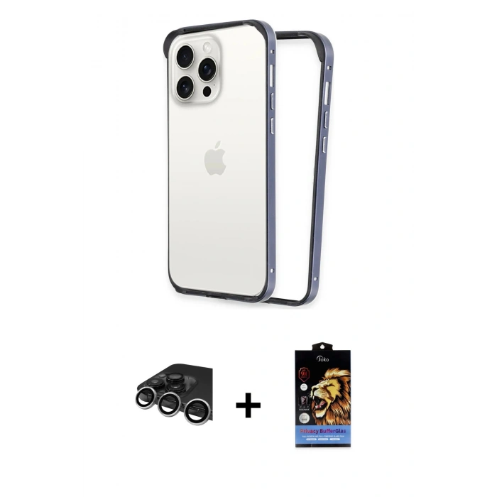 MARSİLYAN™- iPhone 14 Pro Max Kılıf Pusula Asil Koleksiyonu - Siyah Buffer Hayalet Cam Ekran Koruyucu + Raze Metal Kamera Lens - GS