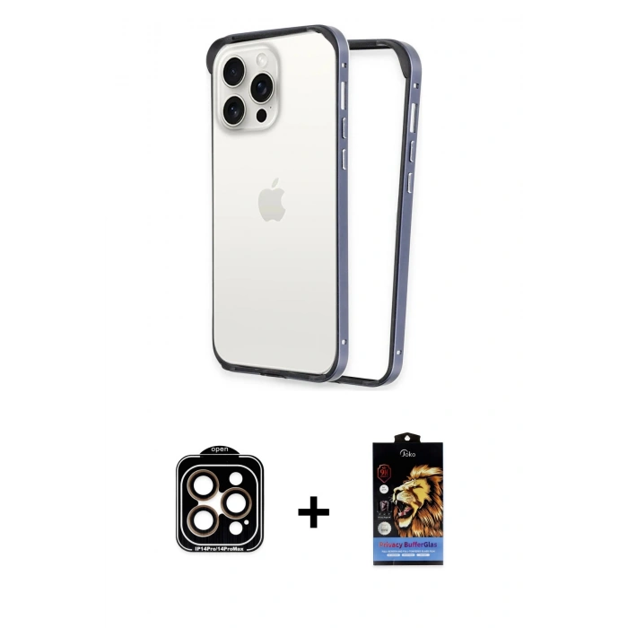 MARSİLYAN™- iPhone 14 Pro Max Kılıf Pusula Asil Koleksiyonu - Siyah Buffer Hayalet Cam Ekran Koruyucu + Turuncu PVD Metal Kamera Lens