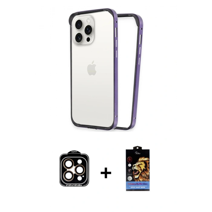 MARSİLYAN™- iPhone 14 Pro Max Kılıf Pusula Asil Koleksiyonu - Siyah Buffer Hayalet Cam Ekran Koruyucu + Turuncu PVD Metal Kamera Lens