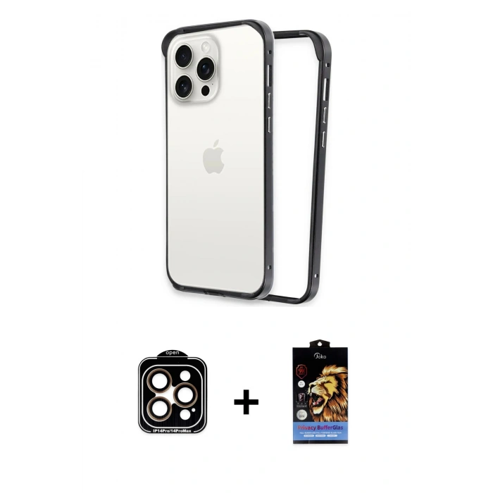 MARSİLYAN™- iPhone 14 Pro Max Kılıf Pusula Asil Koleksiyonu - Siyah Buffer Hayalet Cam Ekran Koruyucu + Turuncu PVD Metal Kamera Lens
