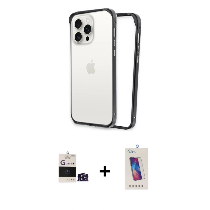 MARSİLYAN™- iPhone 14 Pro Max Kılıf Pusula Asil Koleksiyonu - Siyah Joko 5D Cam + Derin Mor Bilvis Titan Kamera Lens
