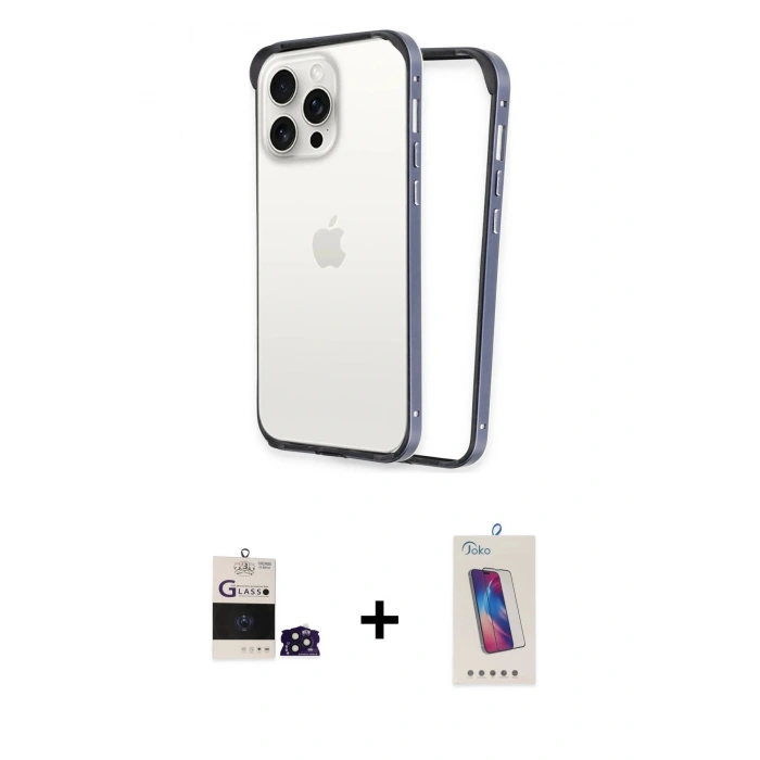 MARSİLYAN™- iPhone 14 Pro Max Kılıf Pusula Asil Koleksiyonu - Siyah Joko 5D Cam + Derin Mor Bilvis Titan Kamera Lens