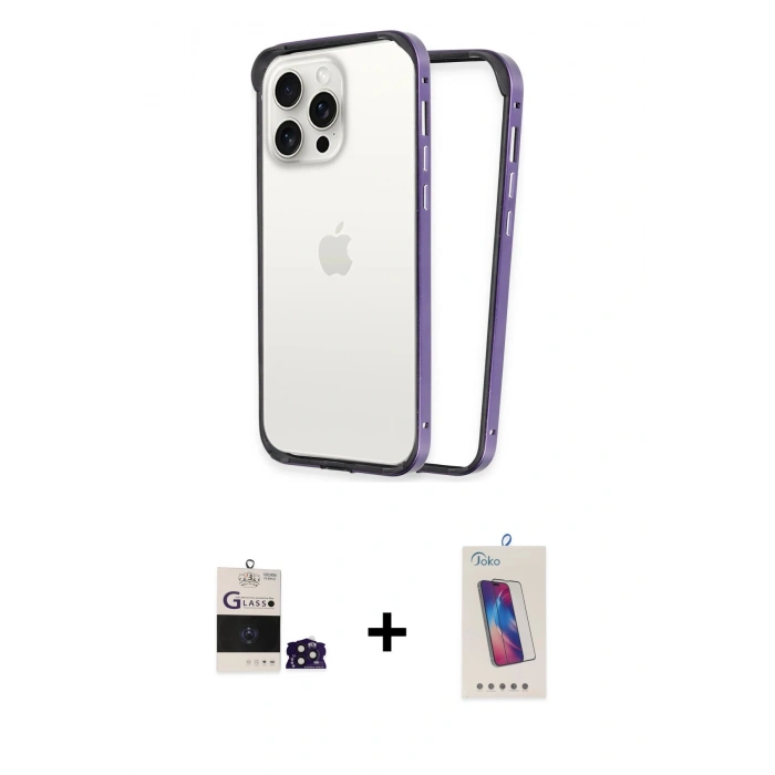 MARSİLYAN™- iPhone 14 Pro Max Kılıf Pusula Asil Koleksiyonu - Siyah Joko 5D Cam + Derin Mor Bilvis Titan Kamera Lens