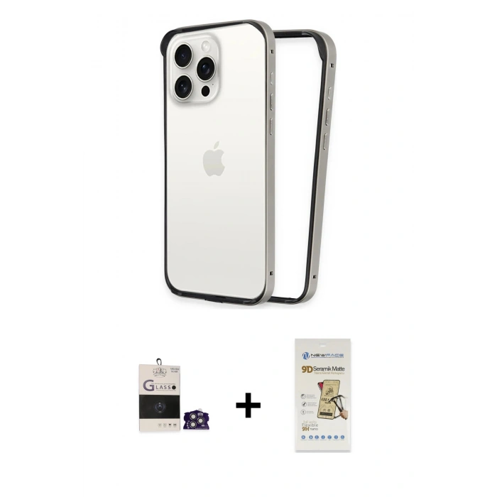 MARSİLYAN™- iPhone 14 Pro Max Kılıf Pusula Asil Koleksiyonu - Siyah Mat Seramik Nano Ekran Koruyucu + Gümüş Bilvis Titan Kamera Lens