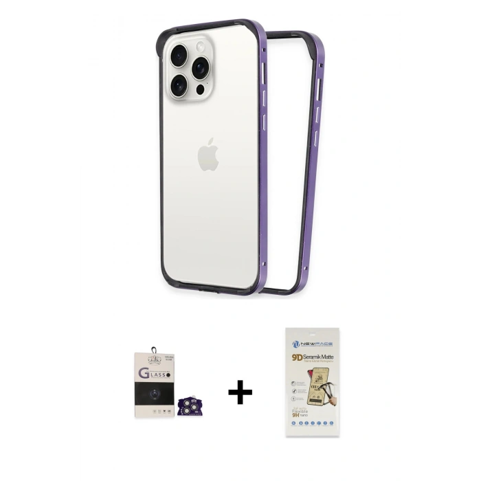 MARSİLYAN™- iPhone 14 Pro Max Kılıf Pusula Asil Koleksiyonu - Siyah Mat Seramik Nano Ekran Koruyucu + Gümüş Bilvis Titan Kamera Lens