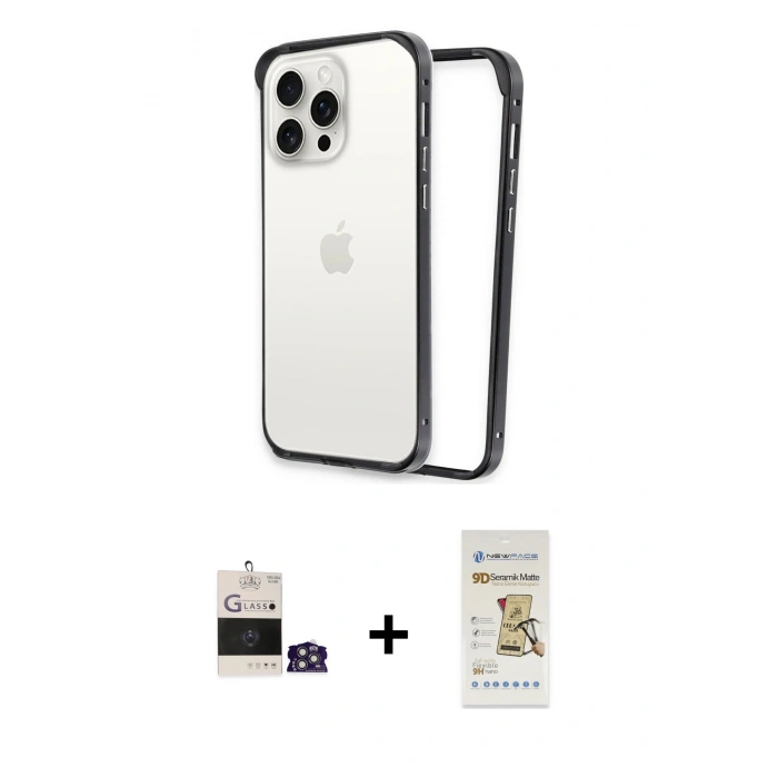 MARSİLYAN™- iPhone 14 Pro Max Kılıf Pusula Asil Koleksiyonu - Siyah Mat Seramik Nano Ekran Koruyucu + Gümüş Bilvis Titan Kamera Lens
