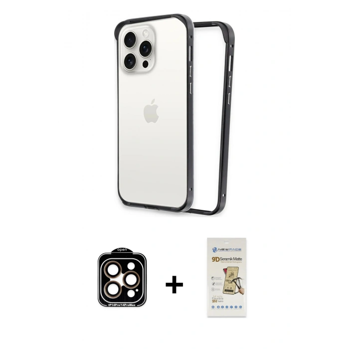 MARSİLYAN™- iPhone 14 Pro Max Kılıf Pusula Asil Koleksiyonu - Siyah Mat Seramik Nano Ekran Koruyucu + PVD Metal Kamera Lens - TU