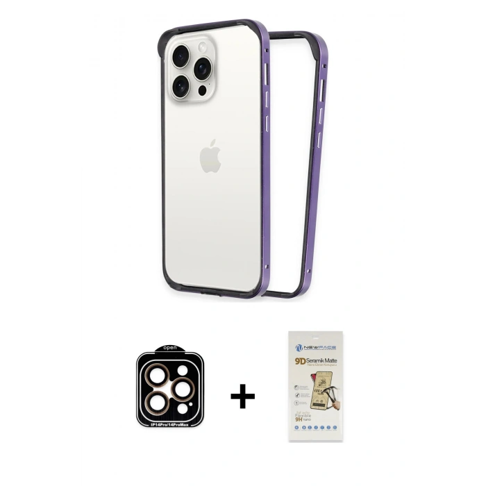 MARSİLYAN™- iPhone 14 Pro Max Kılıf Pusula Asil Koleksiyonu - Siyah Mat Seramik Nano Ekran Koruyucu + PVD Metal Kamera Lens - TU