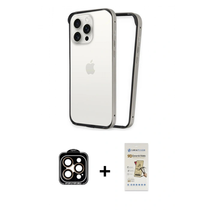 MARSİLYAN™- iPhone 14 Pro Max Kılıf Pusula Asil Koleksiyonu - Siyah Mat Seramik Nano Ekran Koruyucu + PVD Metal Kamera Lens - TU