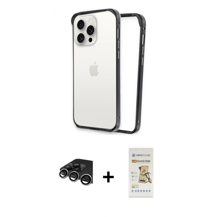 MARSİLYAN™- iPhone 14 Pro Max Kılıf Pusula Asil Koleksiyonu - Siyah Mat Seramik Nano Ekran Koruyucu + Raze Metal Kamera Lens - GS