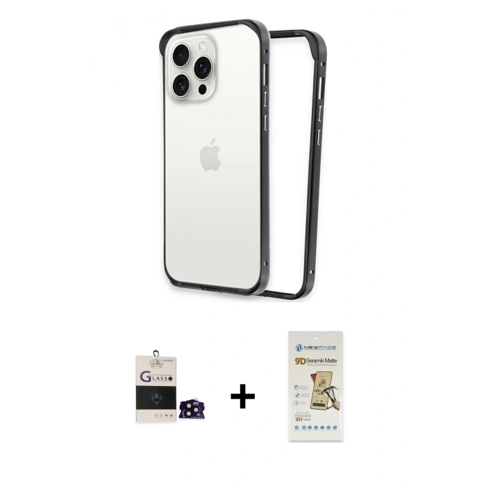 MARSİLYAN™- iPhone 14 Pro Max Kılıf Pusula Asil Koleksiyonu - Siyah Mat Seramik Nano Ekran Koruyucu + Bilvis Titan Kamera Lens - SH