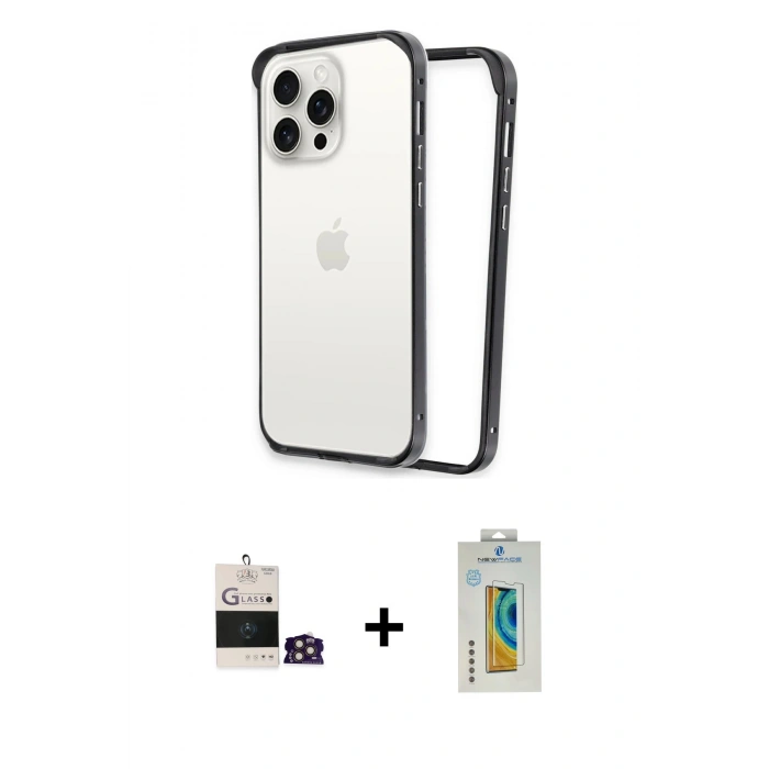 MARSİLYAN™- iPhone 14 Pro Max Kılıf Pusula Asil Koleksiyonu - Siyah Polymer Nano Ekran Koruyucu + Bilvis Titan Kamera Lens - GD