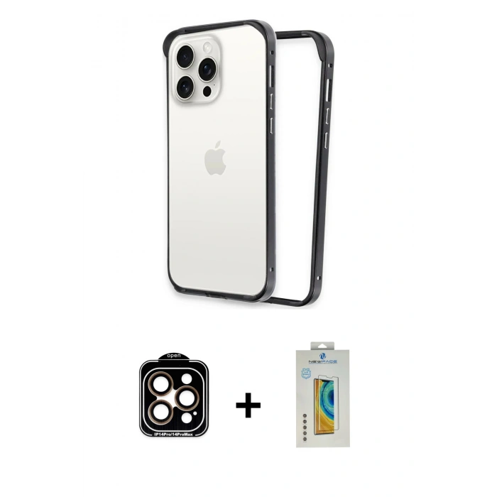 MARSİLYAN™- iPhone 14 Pro Max Kılıf Pusula Asil Koleksiyonu - Siyah Polymer Nano Ekran Koruyucu + PVD Metal Kamera Lens - TU