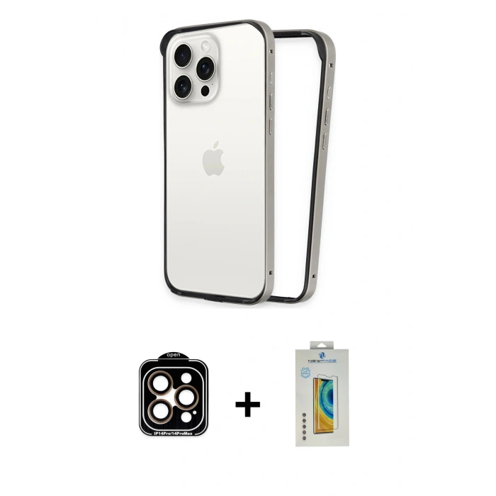 MARSİLYAN™- iPhone 14 Pro Max Kılıf Pusula Asil Koleksiyonu - Siyah Polymer Nano Ekran Koruyucu + PVD Metal Kamera Lens - TU