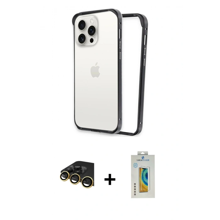 MARSİLYAN™- iPhone 14 Pro Max Kılıf Pusula Asil Koleksiyonu - Siyah Polymer Nano Ekran Koruyucu + Raze Metal Kamera Lens - GD