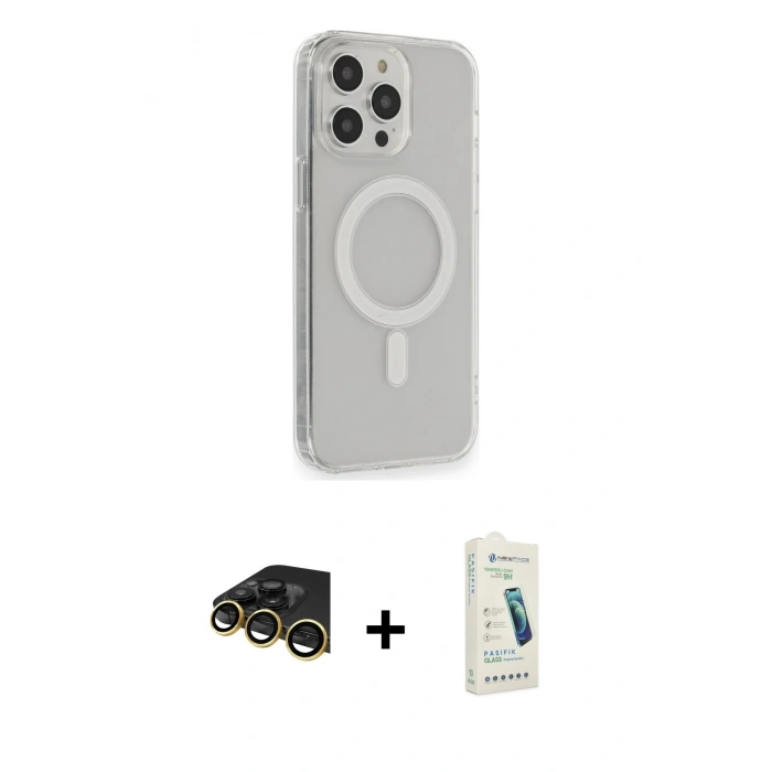 MARSİLYAN™- iPhone 14 Pro Max Kılıf Pusula Çizgi Koleksiyonu - Şeffaf Pasifik Cam Ekran Koruyucu + Gold Raze Metal Kamera Lens