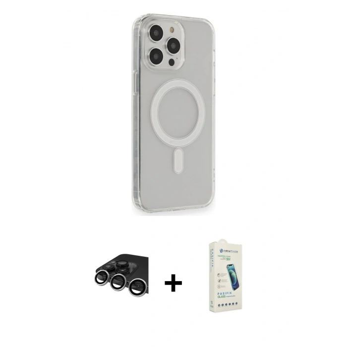 MARSİLYAN™- iPhone 14 Pro Max Kılıf Pusula Çizgi Koleksiyonu - Şeffaf Pasifik Cam Ekran Koruyucu + Raze Metal Kamera Lens - GS