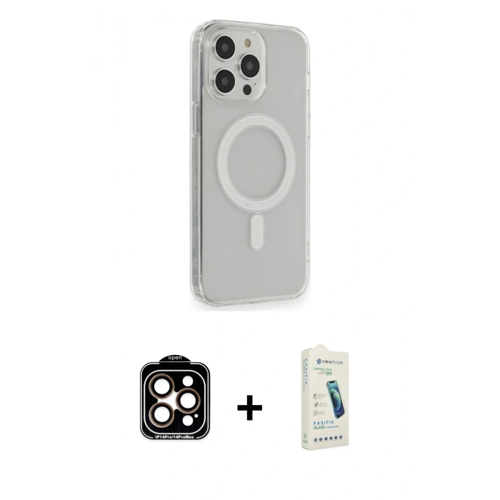 MARSİLYAN™- iPhone 14 Pro Max Kılıf Pusula Çizgi Koleksiyonu - Şeffaf Pasifik Cam Ekran Koruyucu + PVD Metal Kamera Lens - TU