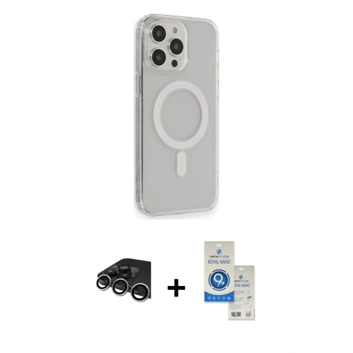 MARSİLYAN™- iPhone 14 Pro Max Kılıf Pusula Çizgi Koleksiyonu - Şeffaf Royal Nano Ekran Koruyucu + Raze Metal Kamera Lens - GS