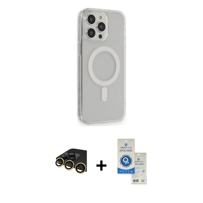 MARSİLYAN™- iPhone 14 Pro Max Kılıf Pusula Çizgi Koleksiyonu - Şeffaf Royal Nano Ekran Koruyucu + Raze Metal Kamera Lens - GD