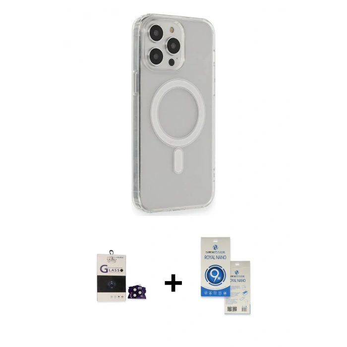 MARSİLYAN™- iPhone 14 Pro Max Kılıf Pusula Çizgi Koleksiyonu - Şeffaf Royal Nano Ekran Koruyucu + Bilvis Titan Kamera Lens - SH