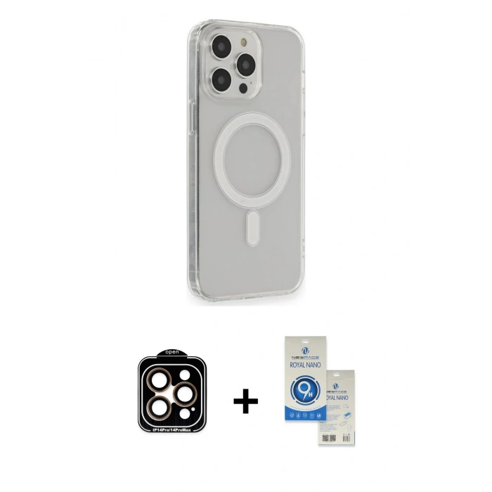 MARSİLYAN™- iPhone 14 Pro Max Kılıf Pusula Çizgi Koleksiyonu - Şeffaf Royal Nano Ekran Koruyucu + PVD Metal Kamera Lens - TU