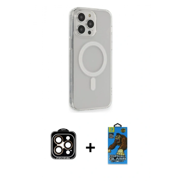 MARSİLYAN™- iPhone 14 Pro Max Kılıf Pusula Çizgi Koleksiyonu - Siyah 18D Cam Ekran Koruyucu + PVD Metal Kamera Lens - TU