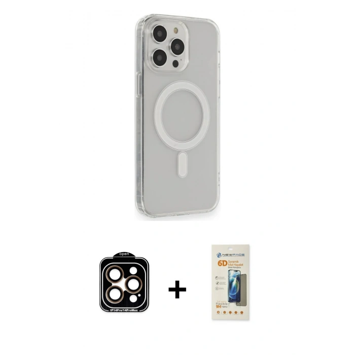MARSİLYAN™- iPhone 14 Pro Max Kılıf Pusula Çizgi Koleksiyonu - Siyah 6D Mat Seramik Hayalet Nano Ekran Koruyucu + PVD Metal Kamera Lens - TU