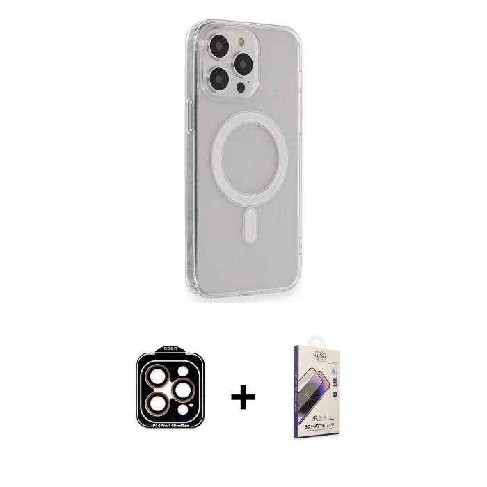 MARSİLYAN™- iPhone 14 Pro Max Kılıf Pusula Çizgi Koleksiyonu - Siyah Bilvis 3D Mat Cam Ekran Koruyucu + PVD Metal Kamera Lens - TU