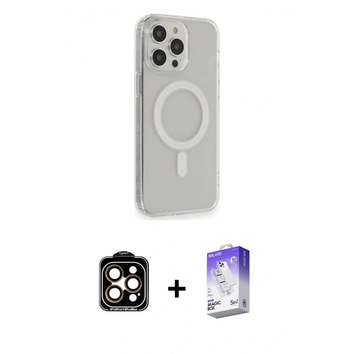 MARSİLYAN™- iPhone 14 Pro Max Kılıf Pusula Çizgi Koleksiyonu - Siyah Bilvis 5in1 3D Magic Cam Ekran Koruyucu + PVD Metal Kamera Lens - TU