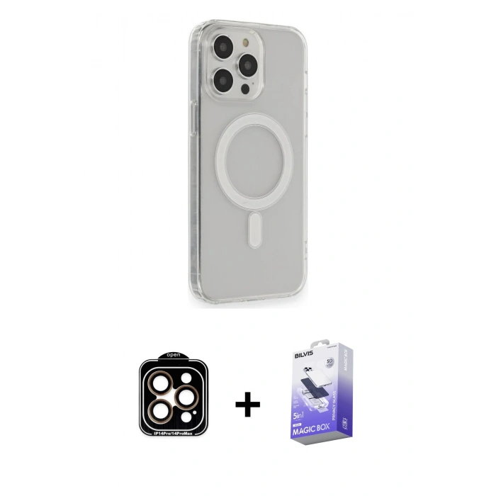 MARSİLYAN™- iPhone 14 Pro Max Kılıf Pusula Çizgi Koleksiyonu - Siyah Bilvis 5in1 5D Magic Hayalet Cam Ekran Koruyucu + PVD Metal Kamera Lens - TU