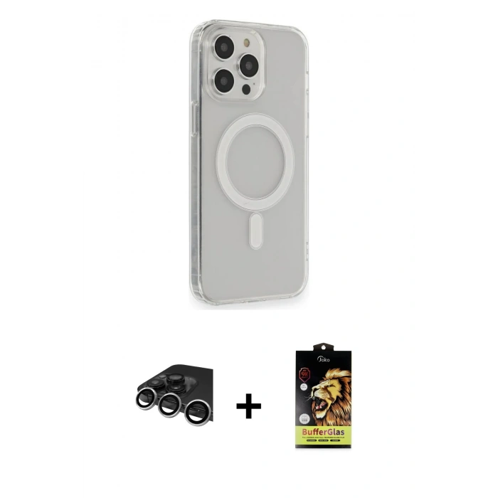MARSİLYAN™- iPhone 14 Pro Max Kılıf Pusula Çizgi Koleksiyonu - Siyah Buffer Cam Ekran Koruyucu + Raze Metal Kamera Lens - GS