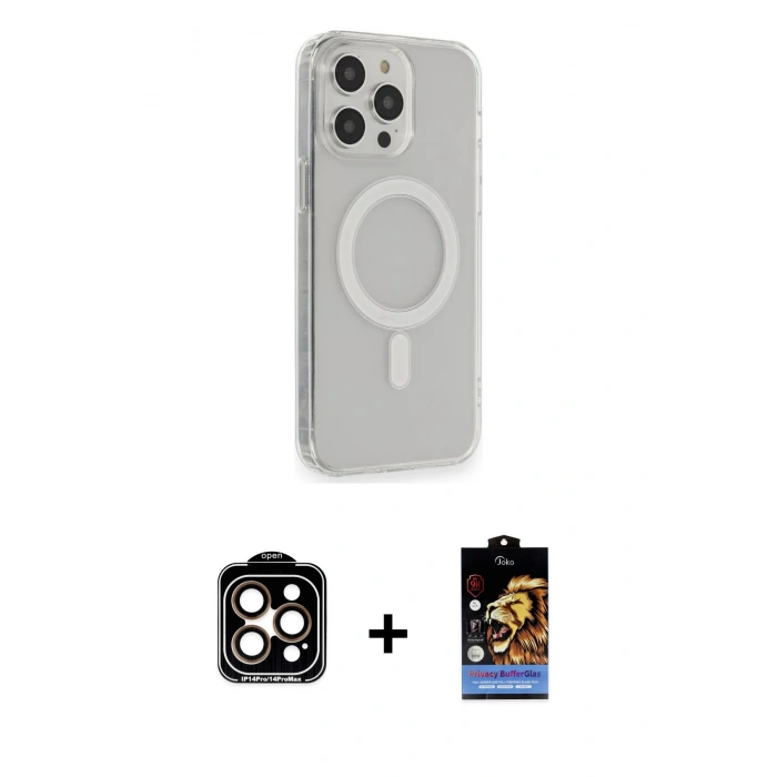 MARSİLYAN™- iPhone 14 Pro Max Kılıf Pusula Çizgi Koleksiyonu - Siyah Buffer Hayalet Cam Ekran Koruyucu + PVD Metal Kamera Lens - TU