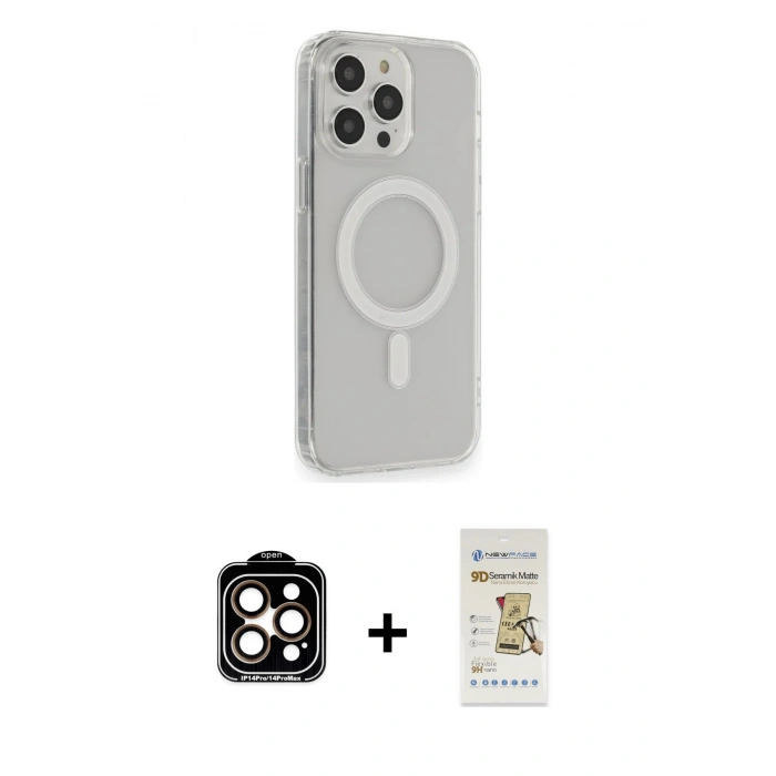 MARSİLYAN™- iPhone 14 Pro Max Kılıf Pusula Çizgi Koleksiyonu - Siyah Mat Seramik Nano Ekran Koruyucu + PVD Metal Kamera Lens - TU