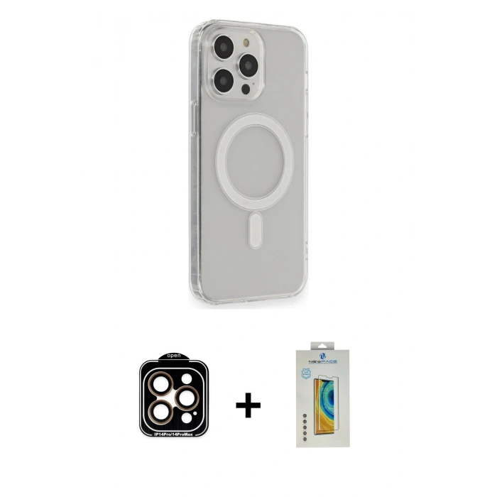 MARSİLYAN™- iPhone 14 Pro Max Kılıf Pusula Çizgi Koleksiyonu - Siyah Polymer Nano Ekran Koruyucu + PVD Metal Kamera Lens - TU