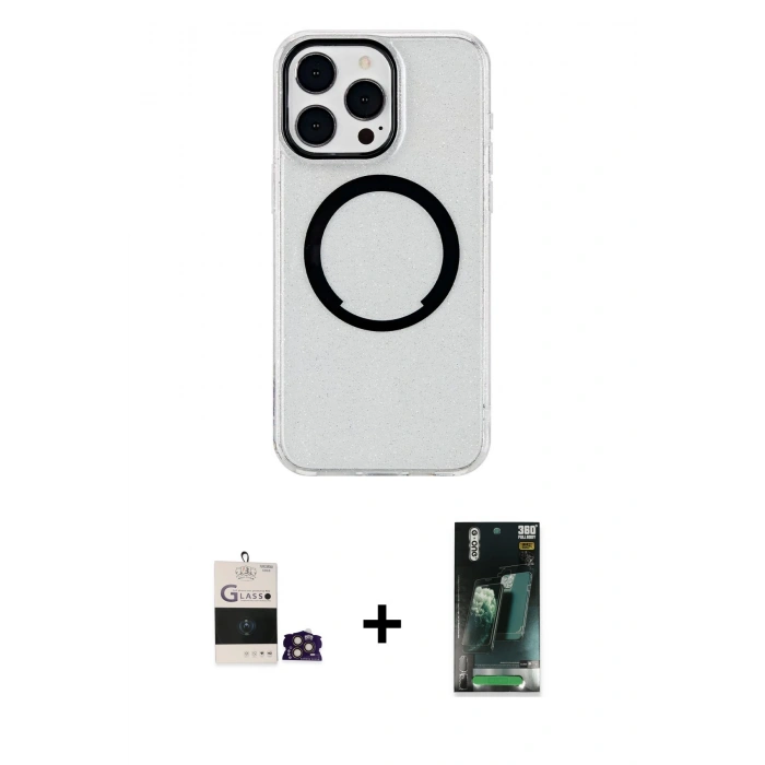 MARSİLYAN™- iPhone 14 Pro Max Kılıf Pusula Form - Şeffaf 360 Full Body Arka Koruyucu + Bilvis Titan Kamera Lens - GD