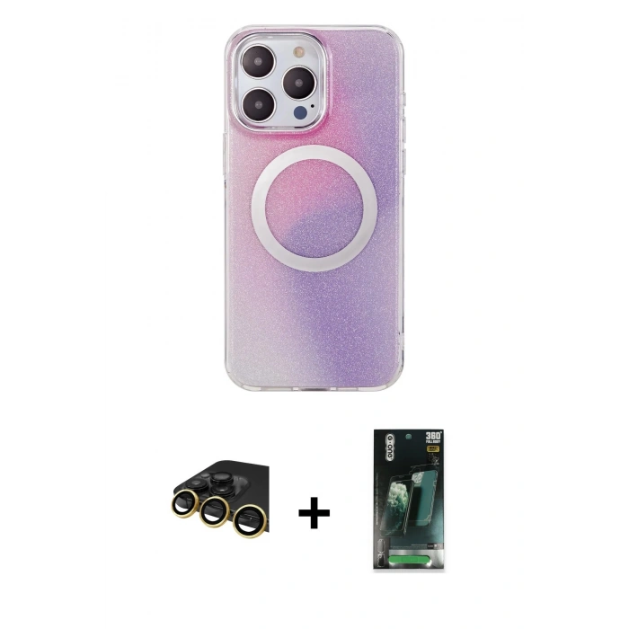 MARSİLYAN™- iPhone 14 Pro Max Kılıf Pusula Form - Şeffaf 360 Full Body Arka Koruyucu + Raze Metal Kamera Lens - GD