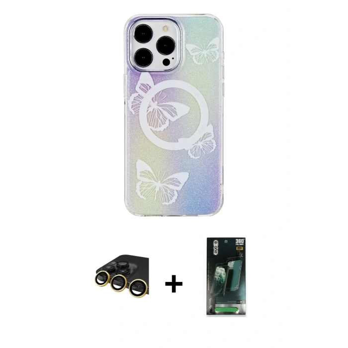 MARSİLYAN™- iPhone 14 Pro Max Kılıf Pusula Form - Şeffaf 360 Full Body Arka Koruyucu + Raze Metal Kamera Lens - GD
