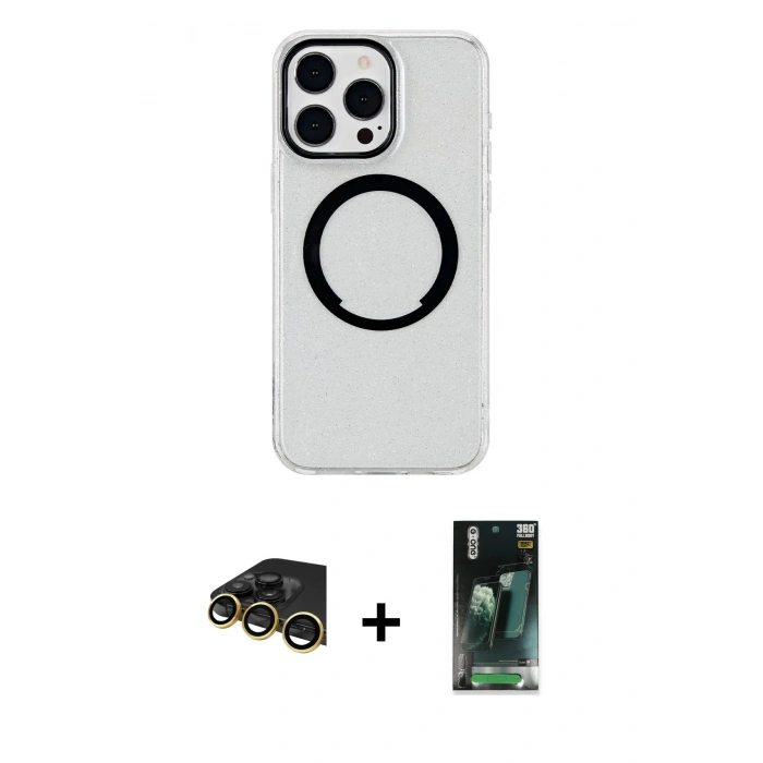 MARSİLYAN™- iPhone 14 Pro Max Kılıf Pusula Form - Şeffaf 360 Full Body Arka Koruyucu + Raze Metal Kamera Lens - GD