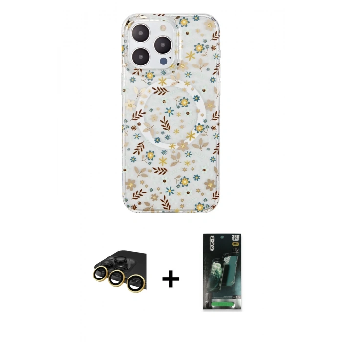 MARSİLYAN™- iPhone 14 Pro Max Kılıf Pusula Form - Şeffaf 360 Full Body Arka Koruyucu + Raze Metal Kamera Lens - GD