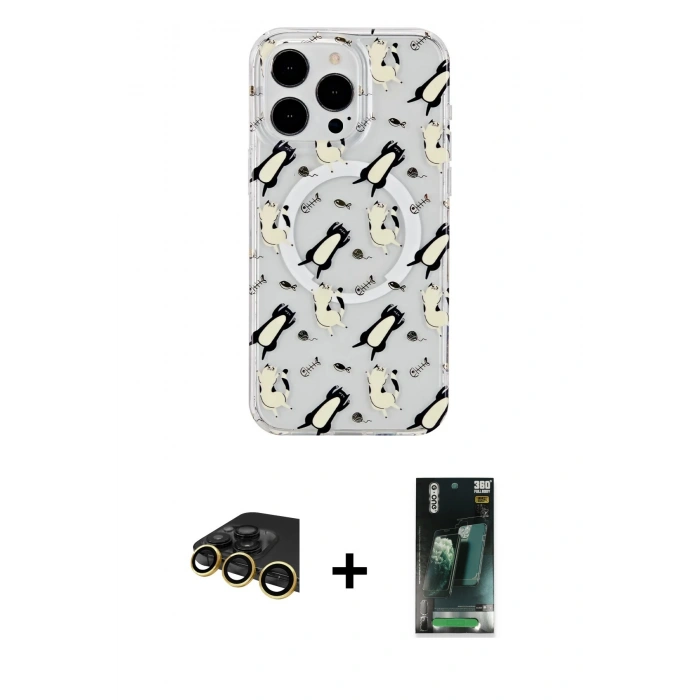 MARSİLYAN™- iPhone 14 Pro Max Kılıf Pusula Form - Şeffaf 360 Full Body Arka Koruyucu + Raze Metal Kamera Lens - GD