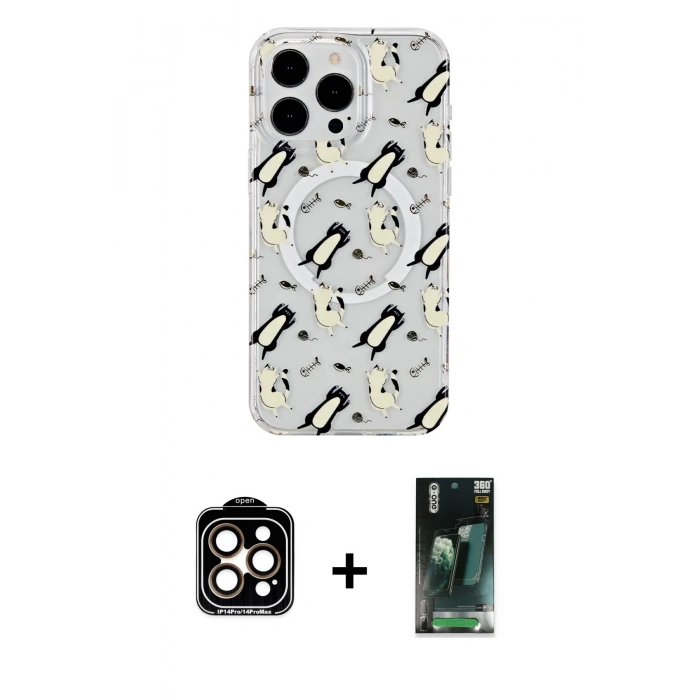 MARSİLYAN™- iPhone 14 Pro Max Kılıf Pusula Form - Şeffaf 360 Full Body Arka Koruyucu + PVD Metal Kamera Lens - TU